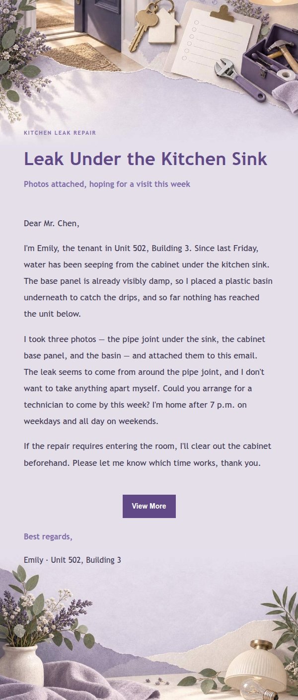 Lilac Paper Tenant Repair Request Email