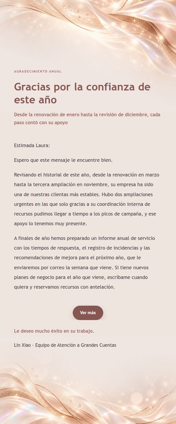 Correo de Agradecimiento y Seguimiento a Clientes Clave con Perla y Oro Rosa 2
