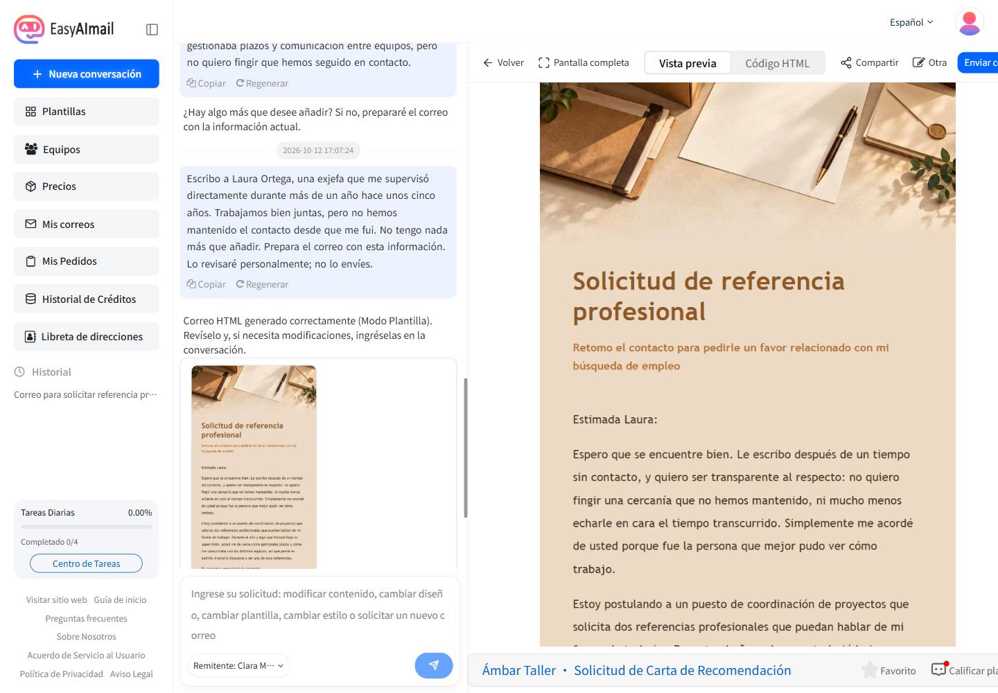 Vista previa final de una solicitud de referencia a una exjefa
