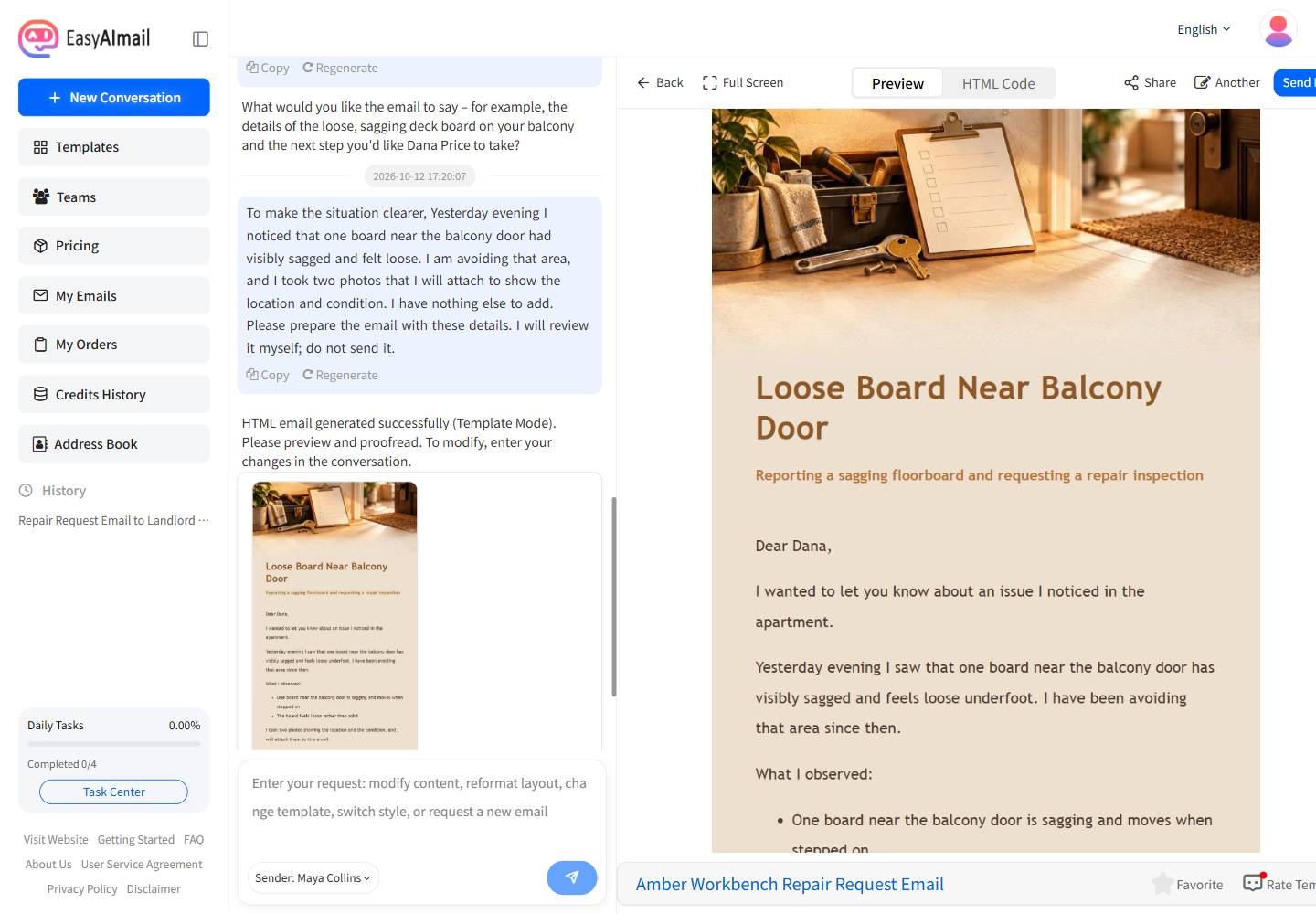 Final preview of a tenant repair request email