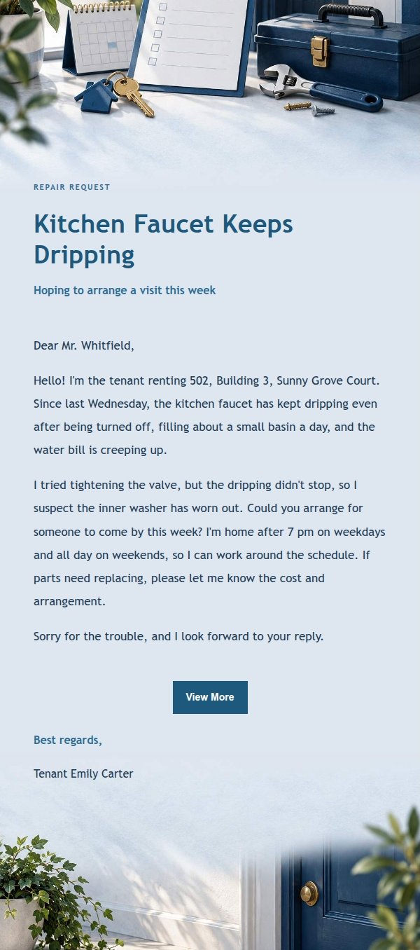 Navy Ledger Tenant Repair Request Email