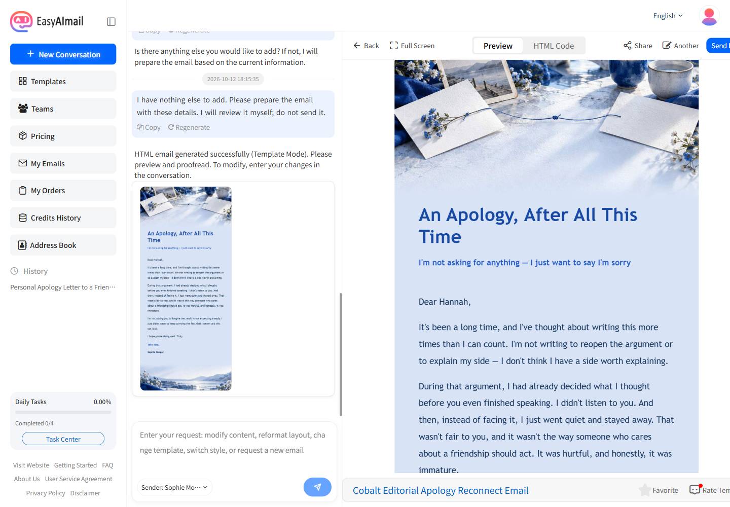 Final preview of a friend apology and reconnection email