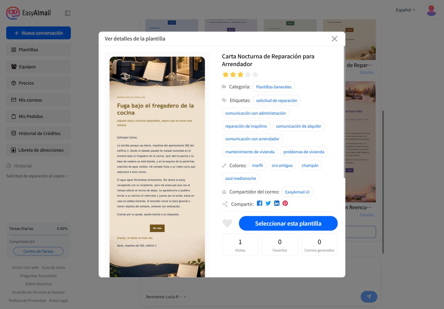Detalle de la plantilla Carta Nocturna de Reparación para Arrendador
