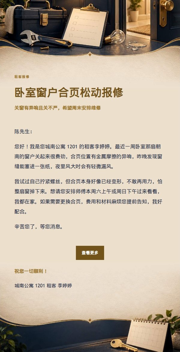 深夜鎏金信笺租客报修邮件 2