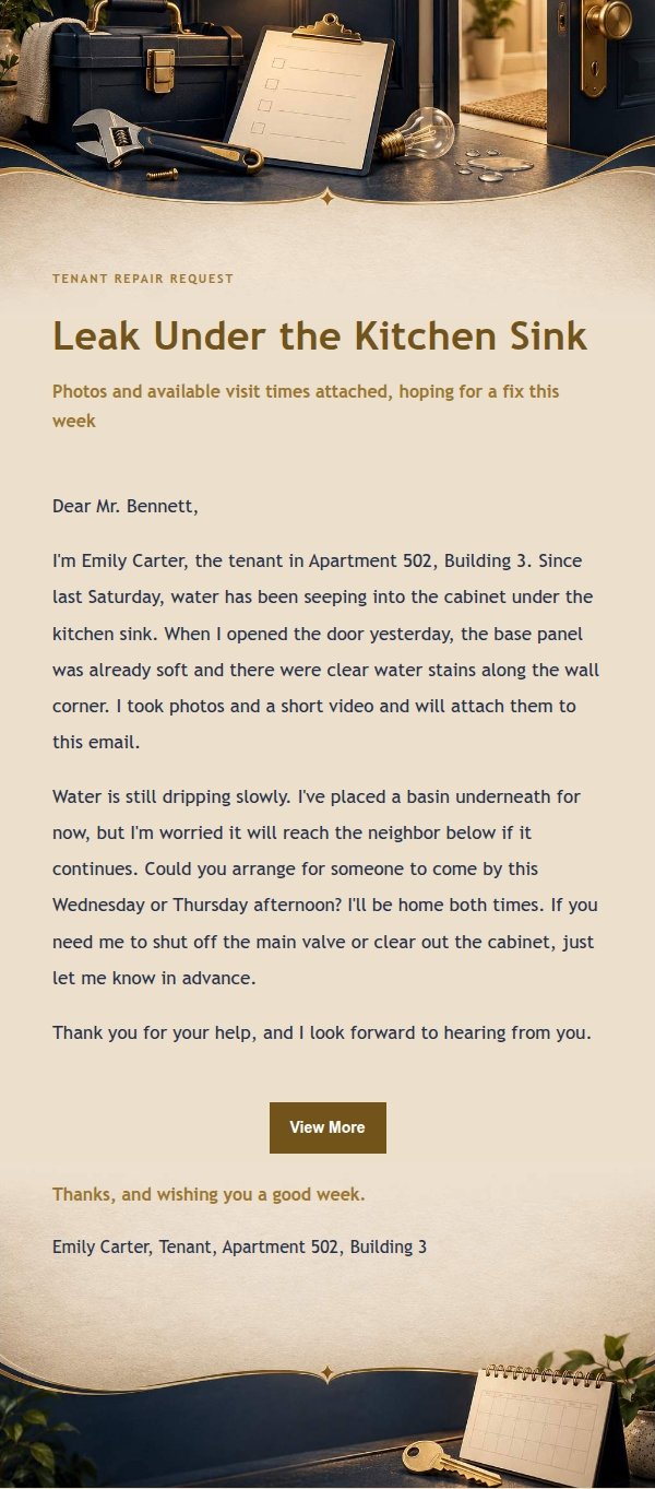 Midnight Gilded Tenant Repair Request Email