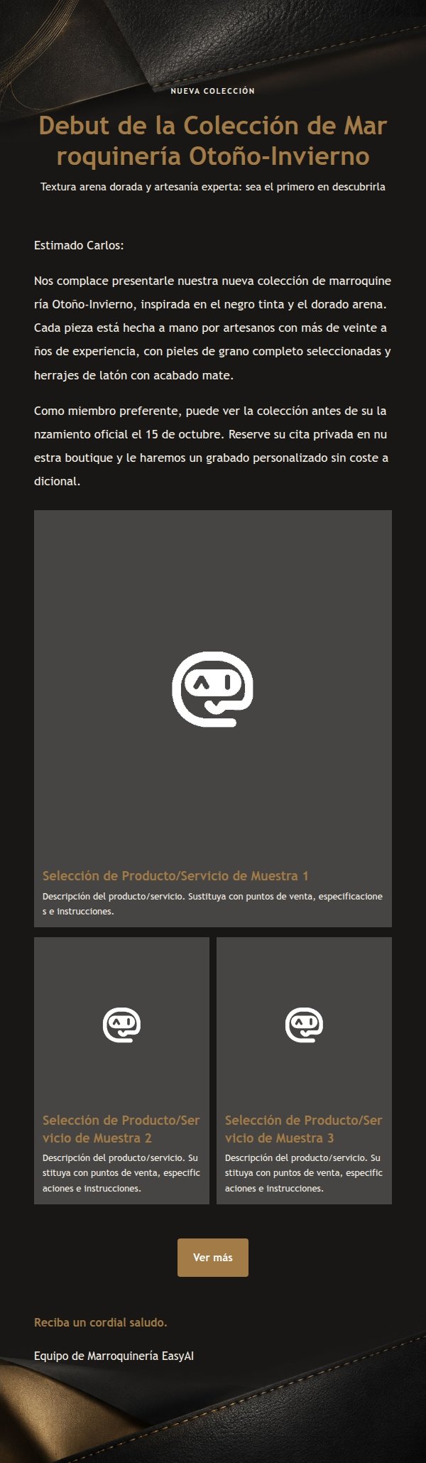 Email de Marketing de Cuero Arena Dorada y Negro Tinta