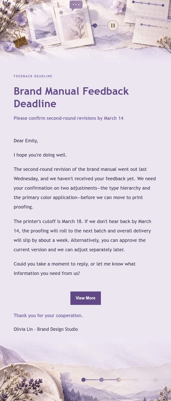 Lilac Paper Client Feedback Deadline Email