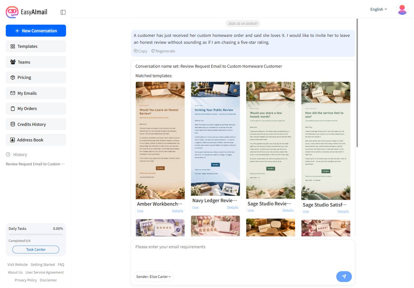 Recommended English templates for a customer review request