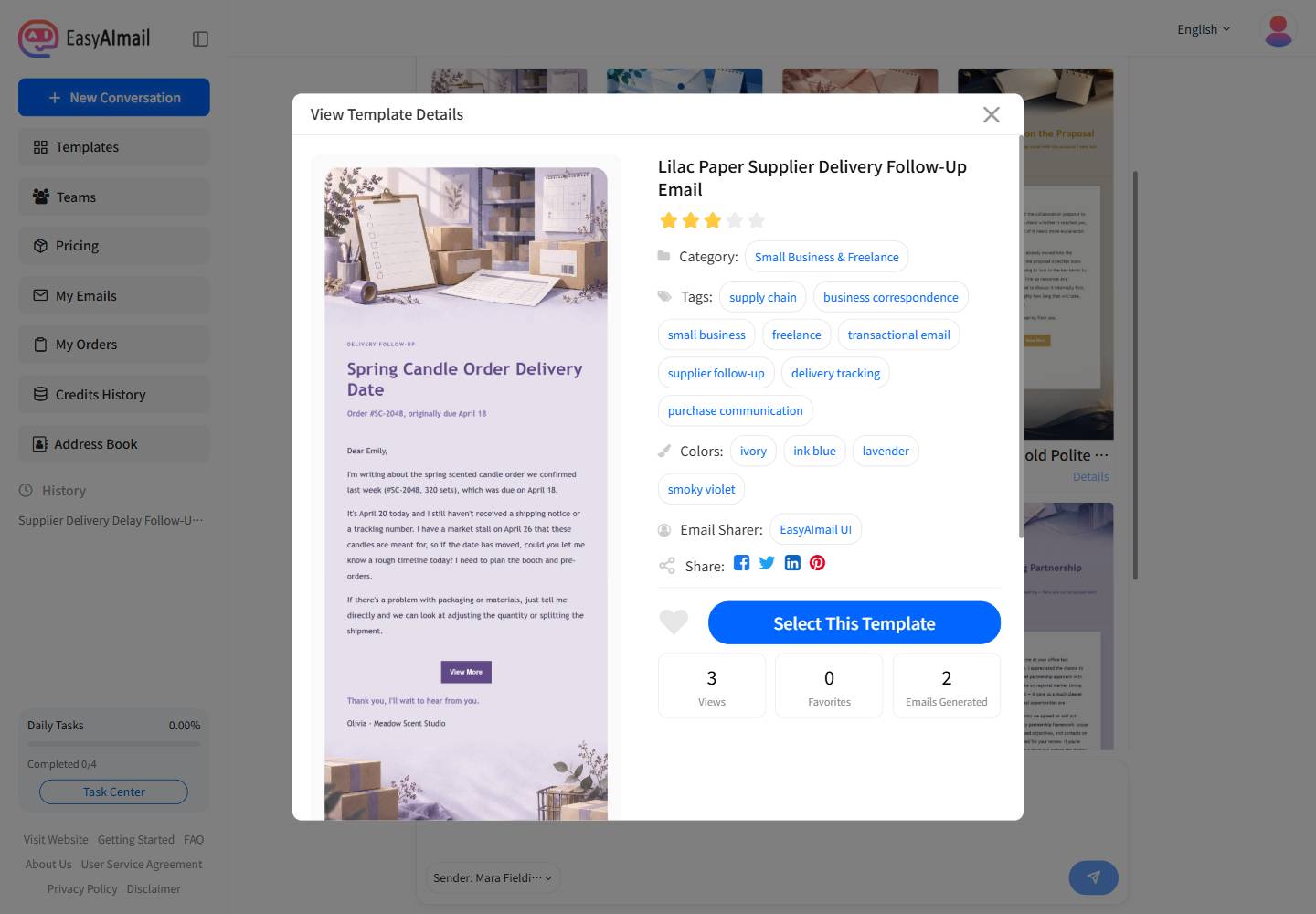 English template details for a supplier delivery follow-up