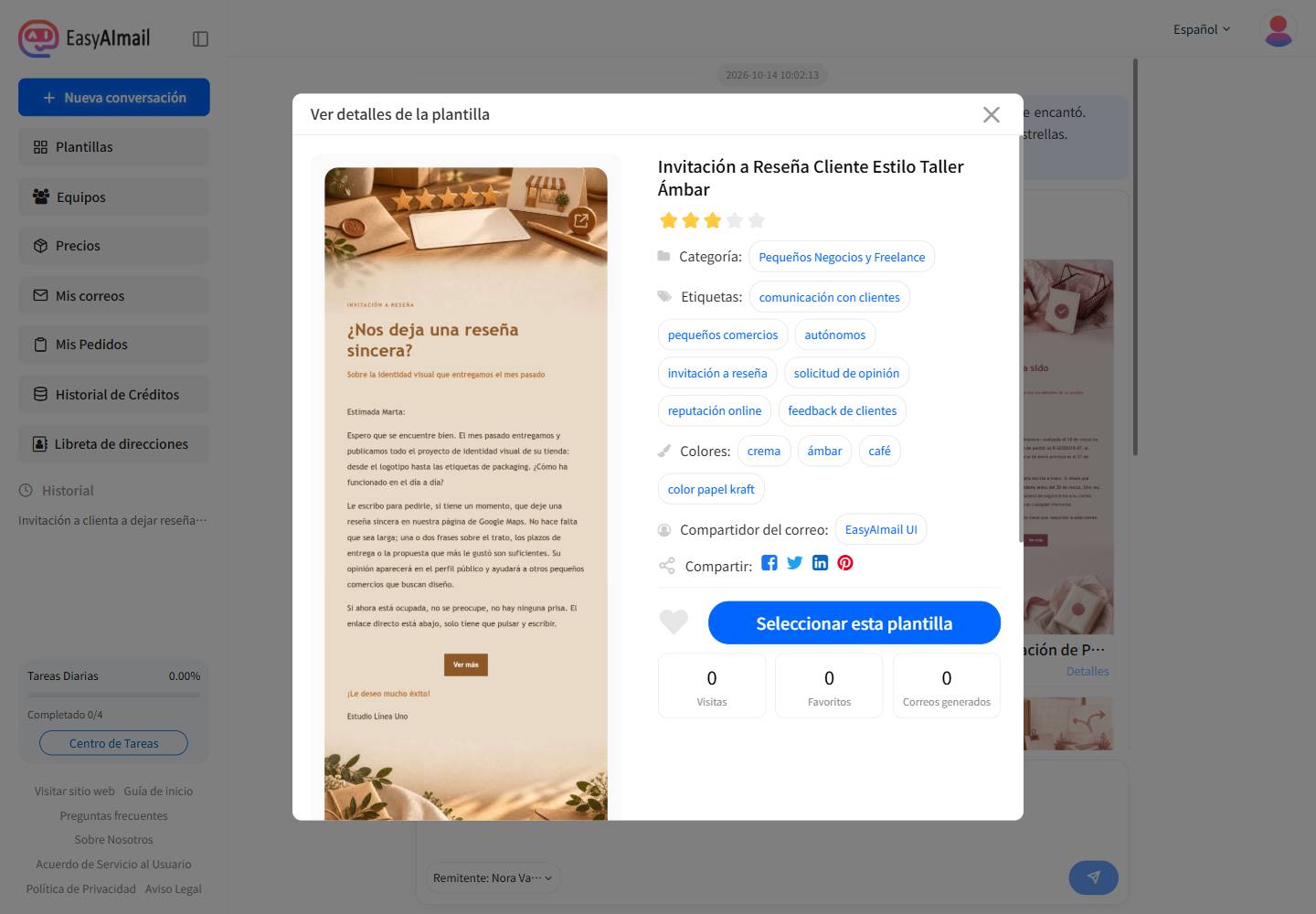 Detalles de la plantilla española de invitación a reseña