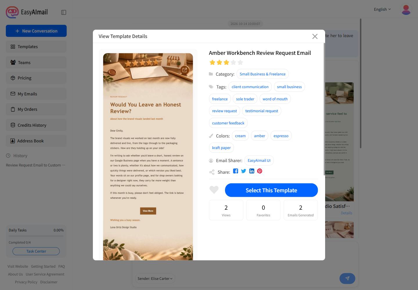 English template details for a customer review request