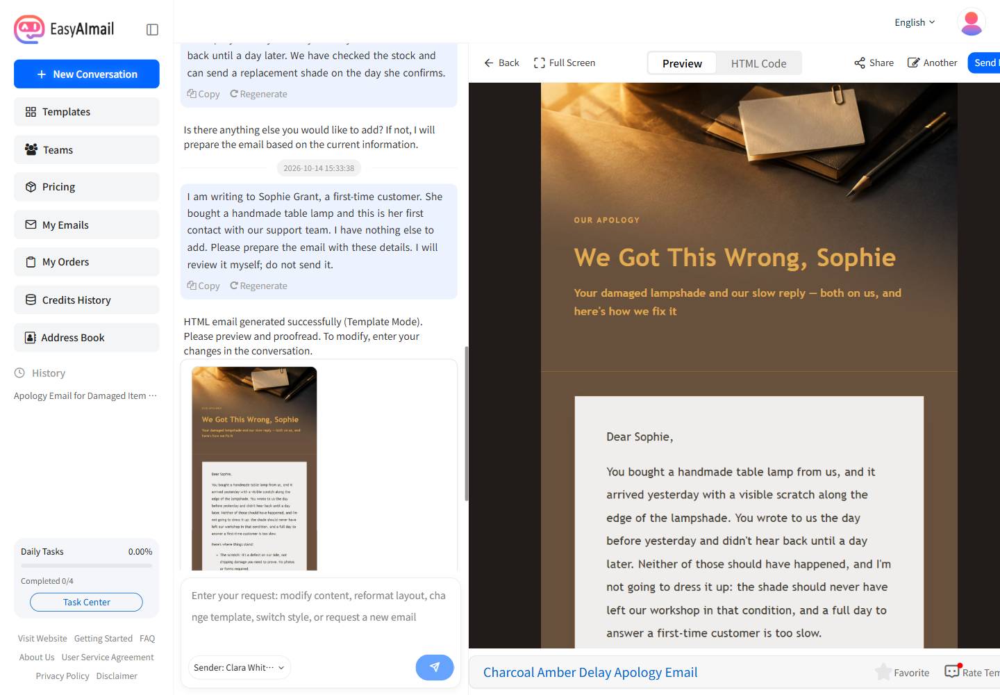 English preview of a customer complaint apology and remedy