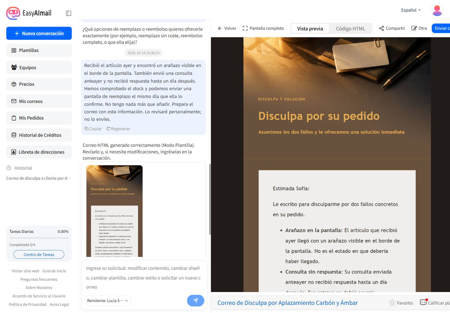 Vista previa en español del correo de disculpa y solución