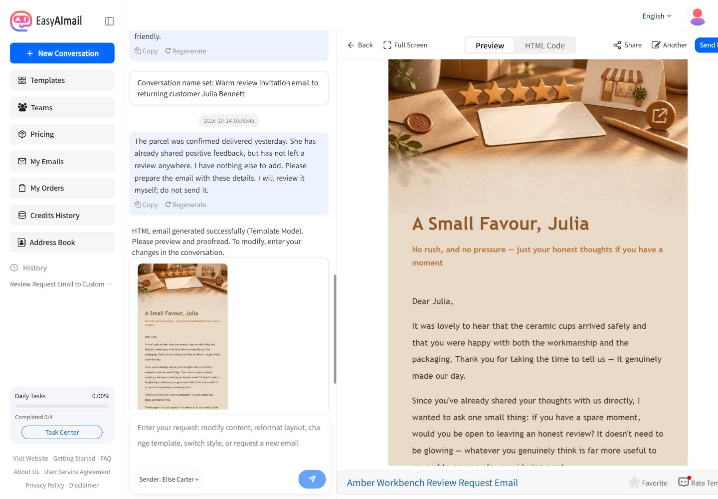 English preview of a customer review request email