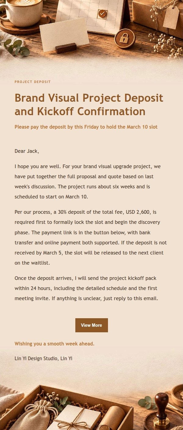 Amber Workbench Project Deposit Request Email