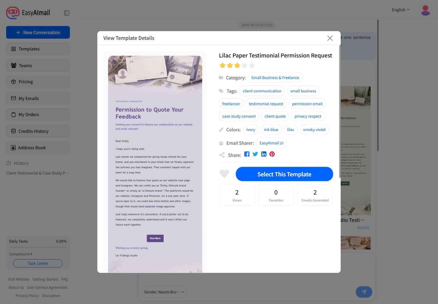 English template details for testimonial permission