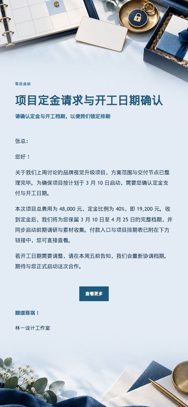 深蓝账本项目定金请求与开工确认邮件