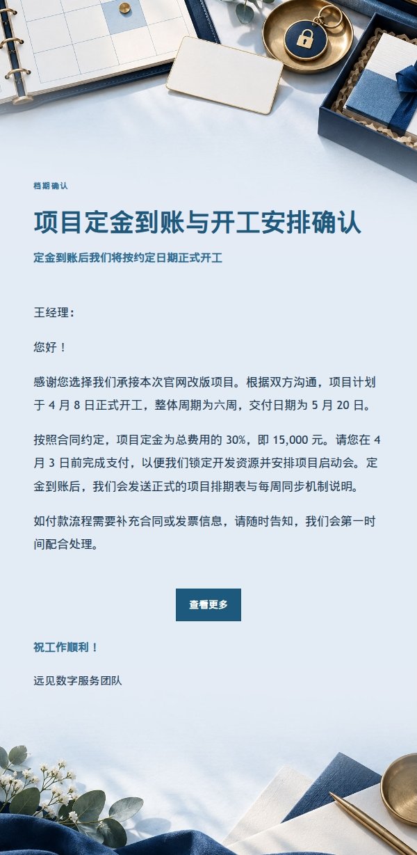 深蓝账本项目定金请求与开工确认邮件 2