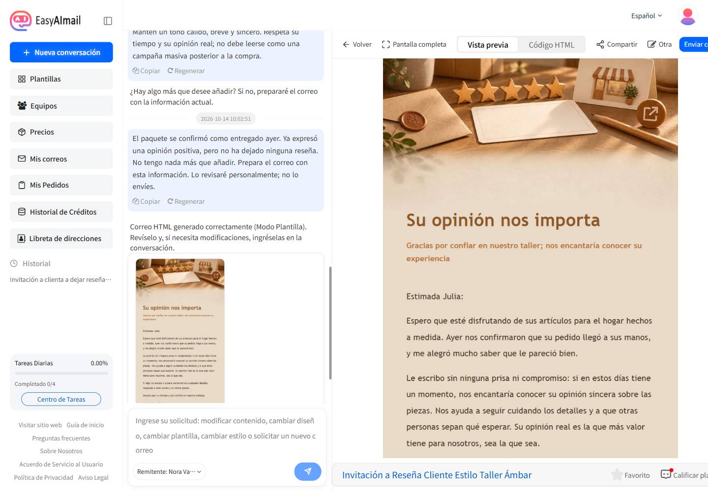 Vista previa en español del correo para pedir una reseña