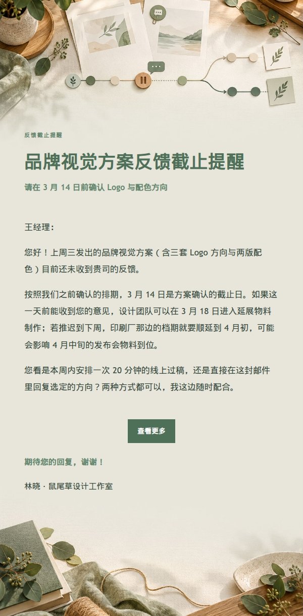 鼠尾草工作室客户反馈截止与排期更新邮件