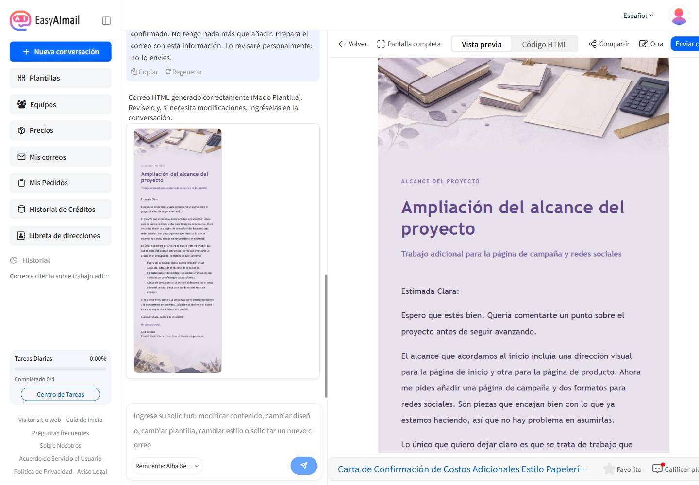 Vista previa en español del correo de confirmación de costes adicionales