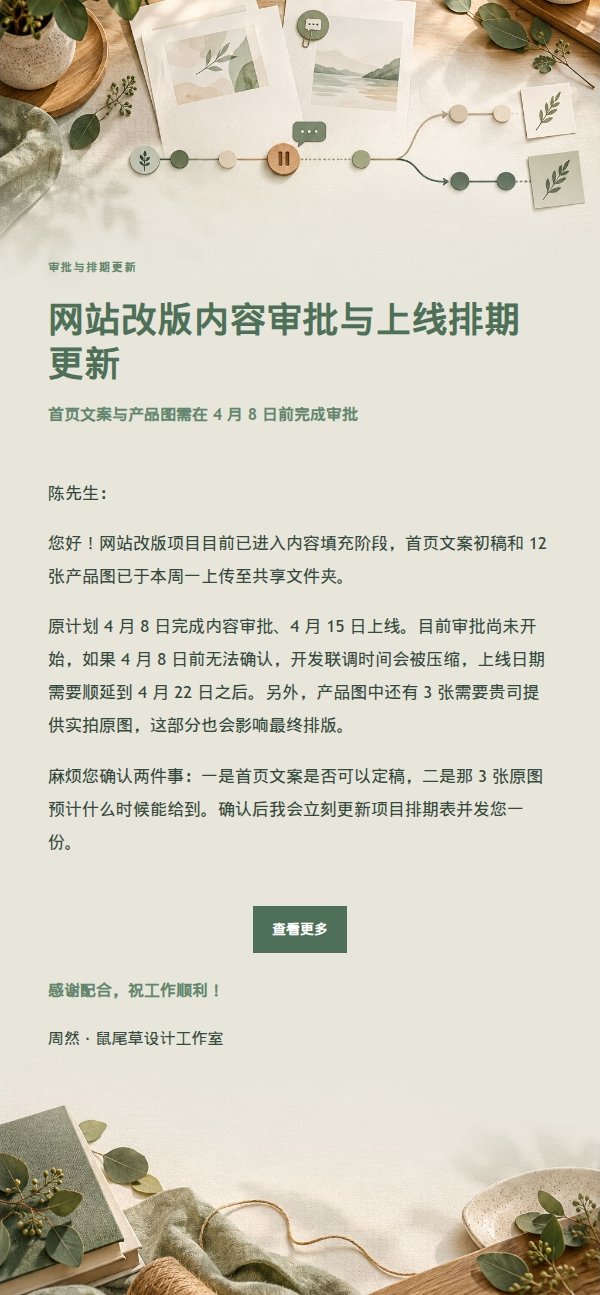 鼠尾草工作室客户反馈截止与排期更新邮件 2