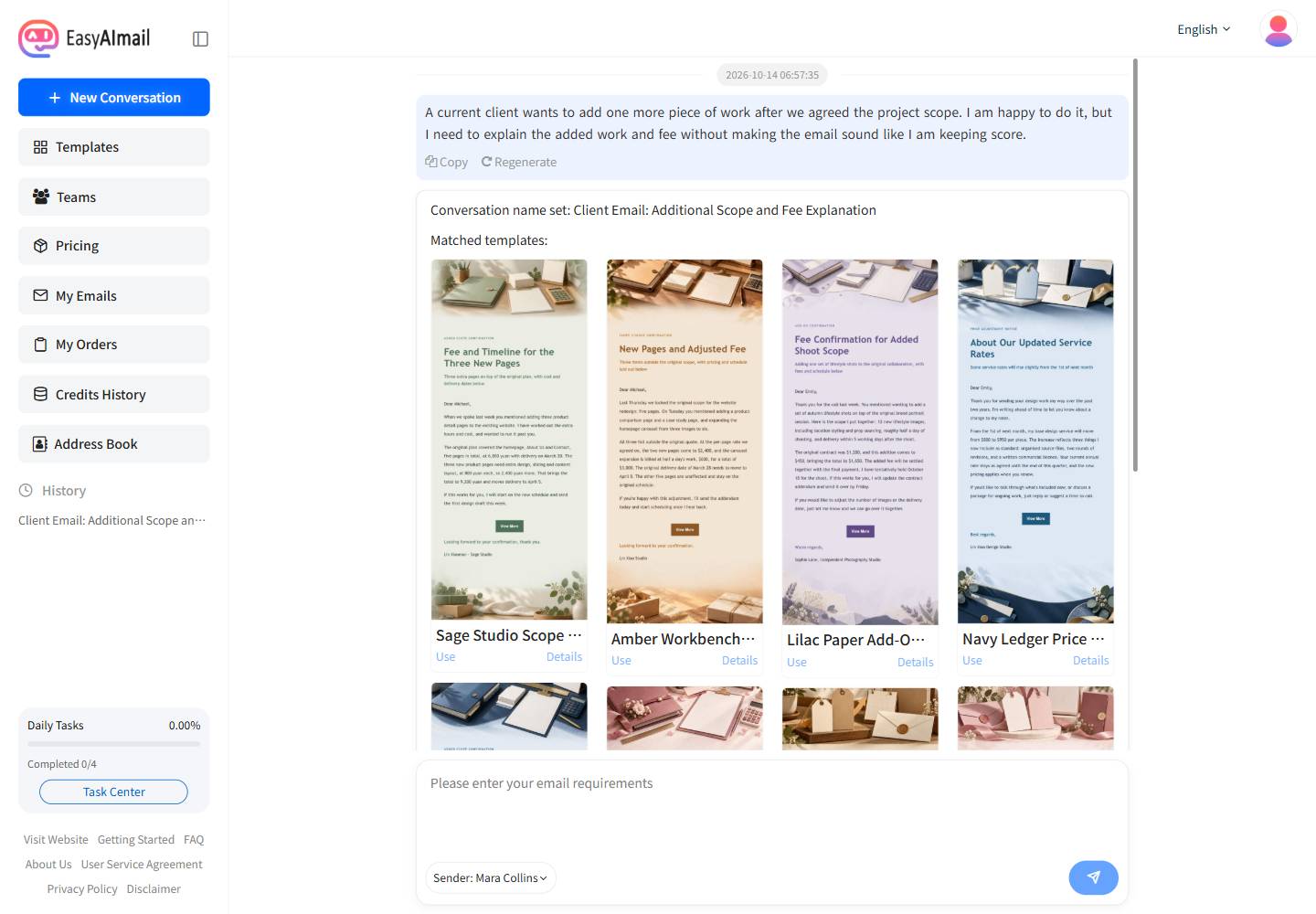 Recommended English templates for a scope and fee update