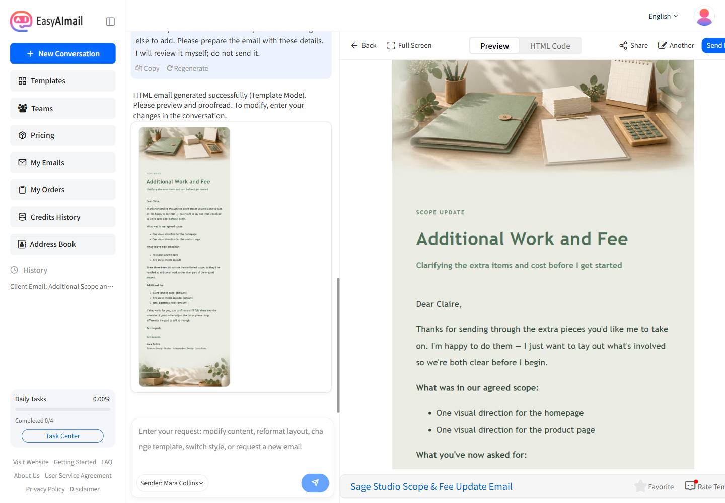 English preview of an added-work and fee confirmation email