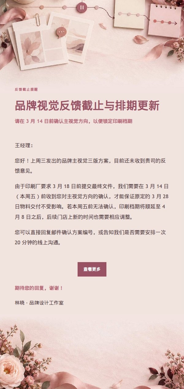 玫瑰收据客户反馈截止与排期更新邮件
