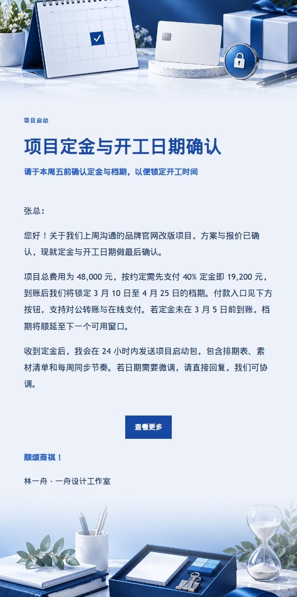 钴蓝编辑项目定金请求与开工确认邮件