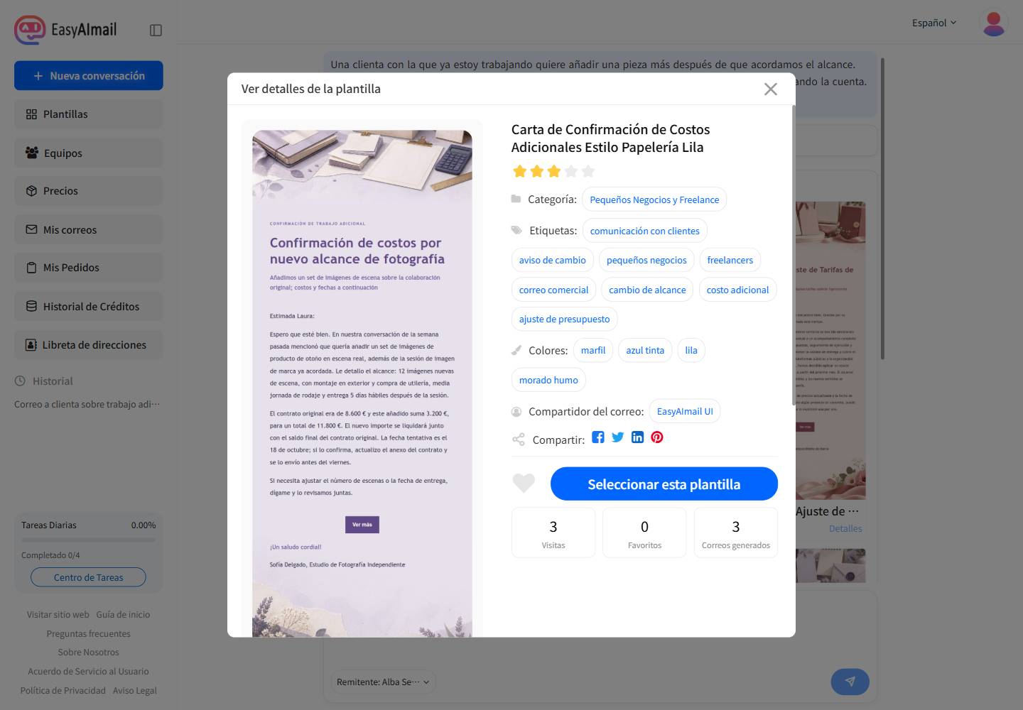 Detalles de la plantilla española de costos adicionales