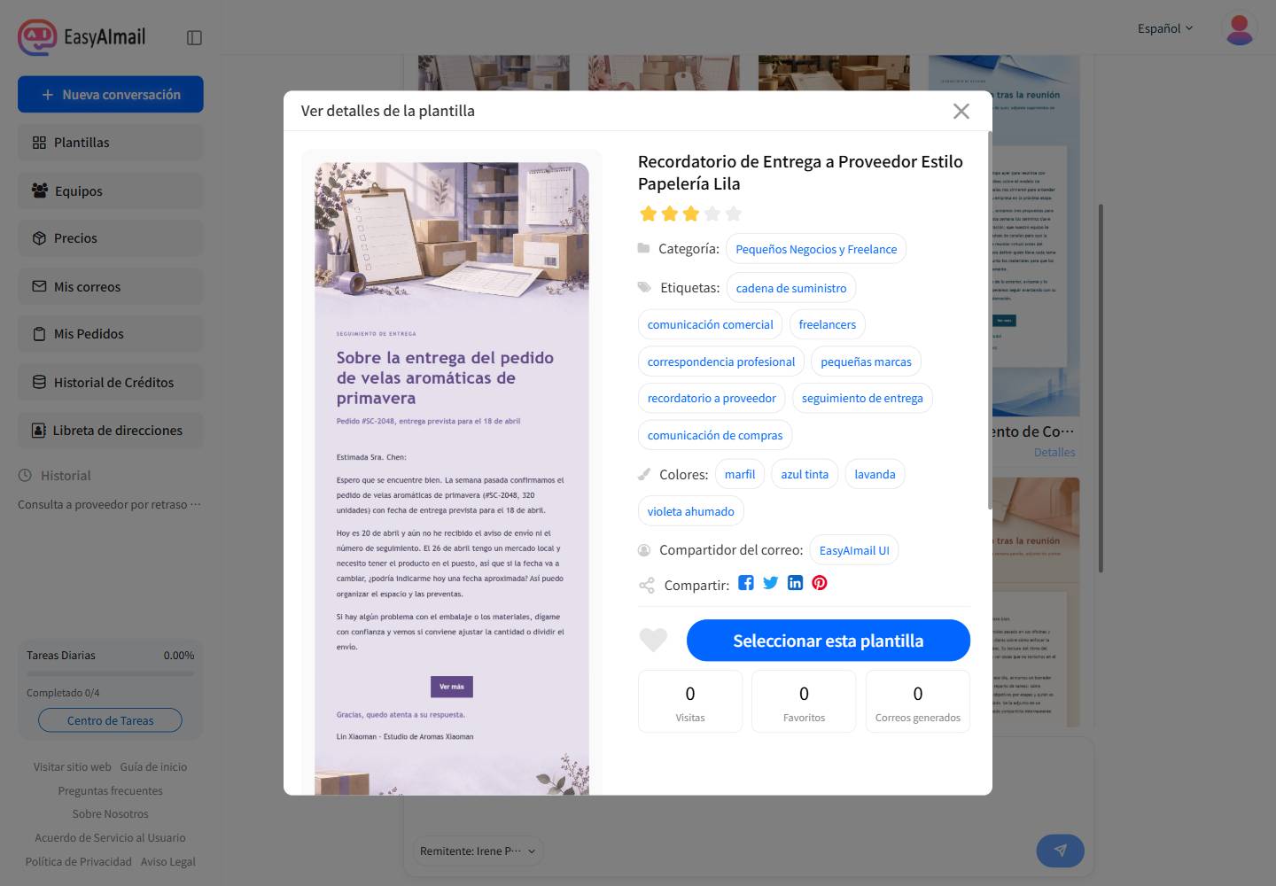 Detalles de la plantilla española para seguimiento de proveedor