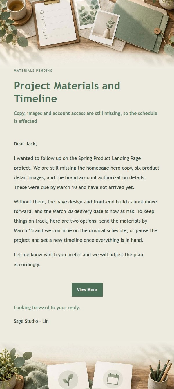 Sage Studio Missing Materials & Timeline Options Email