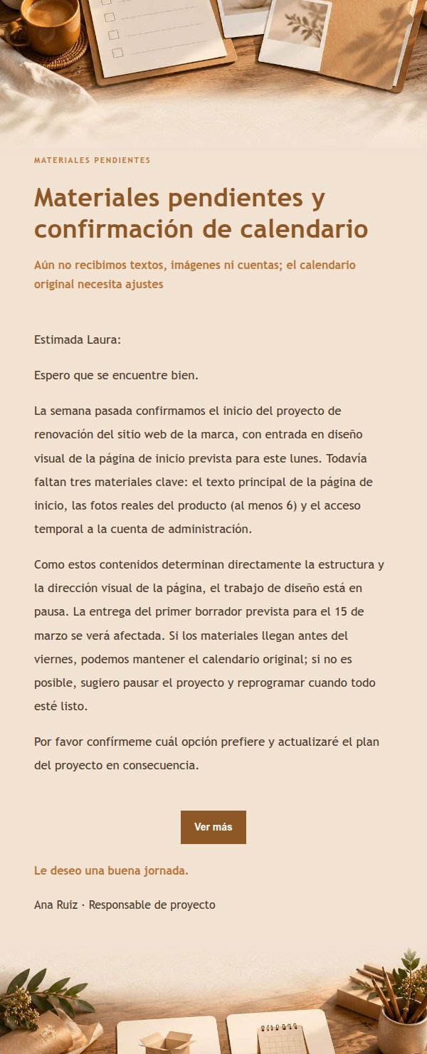 Mesa de Ámbar: Materiales Pendientes y Opciones de Calendario