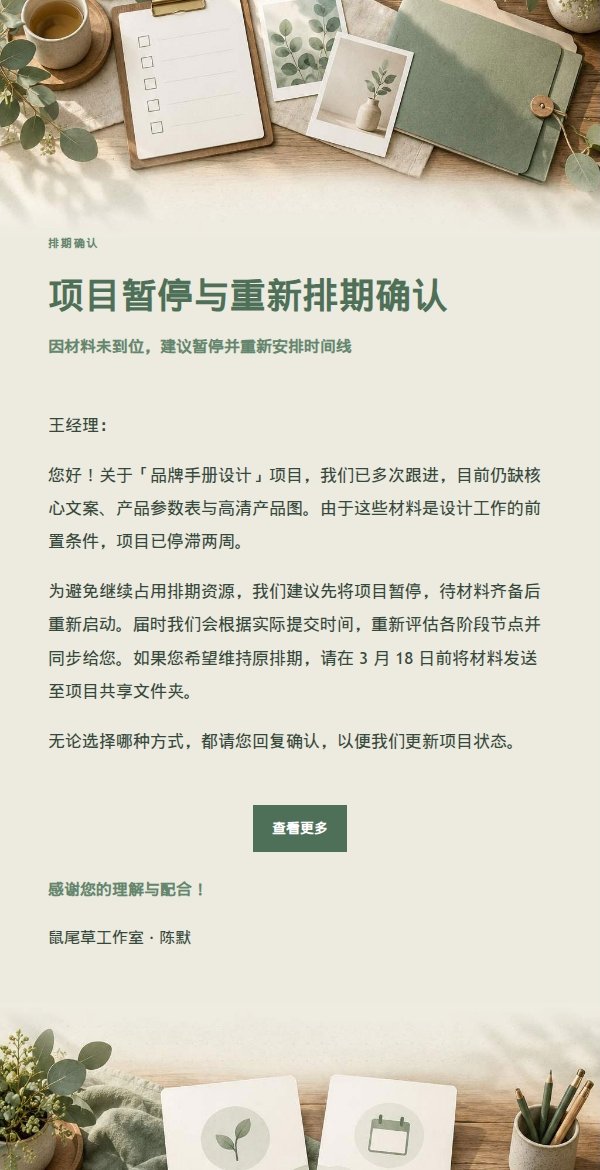 鼠尾草工作室材料催办与排期选择邮件 2