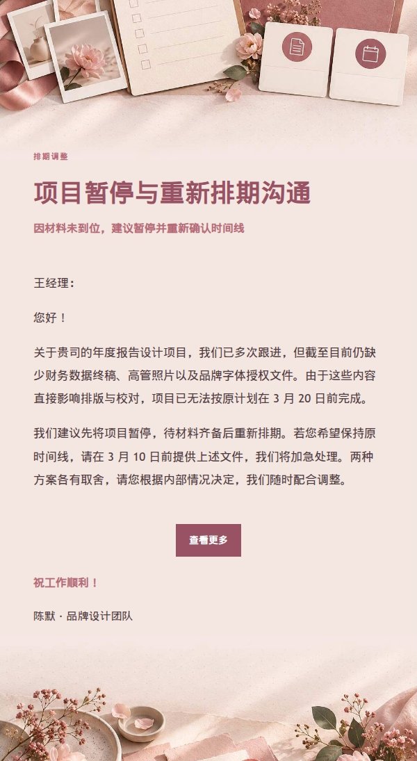 玫瑰收据客户材料催办与排期选择邮件 2