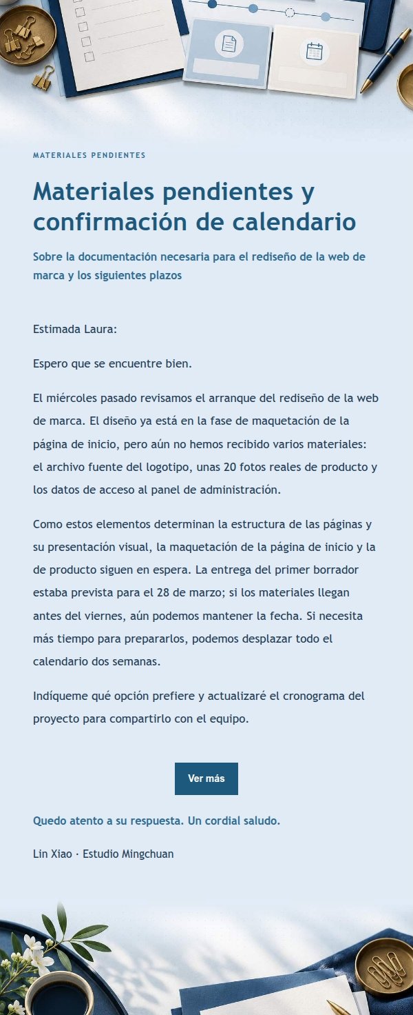 Recordatorio de Materiales Pendientes y Opciones de Calendario