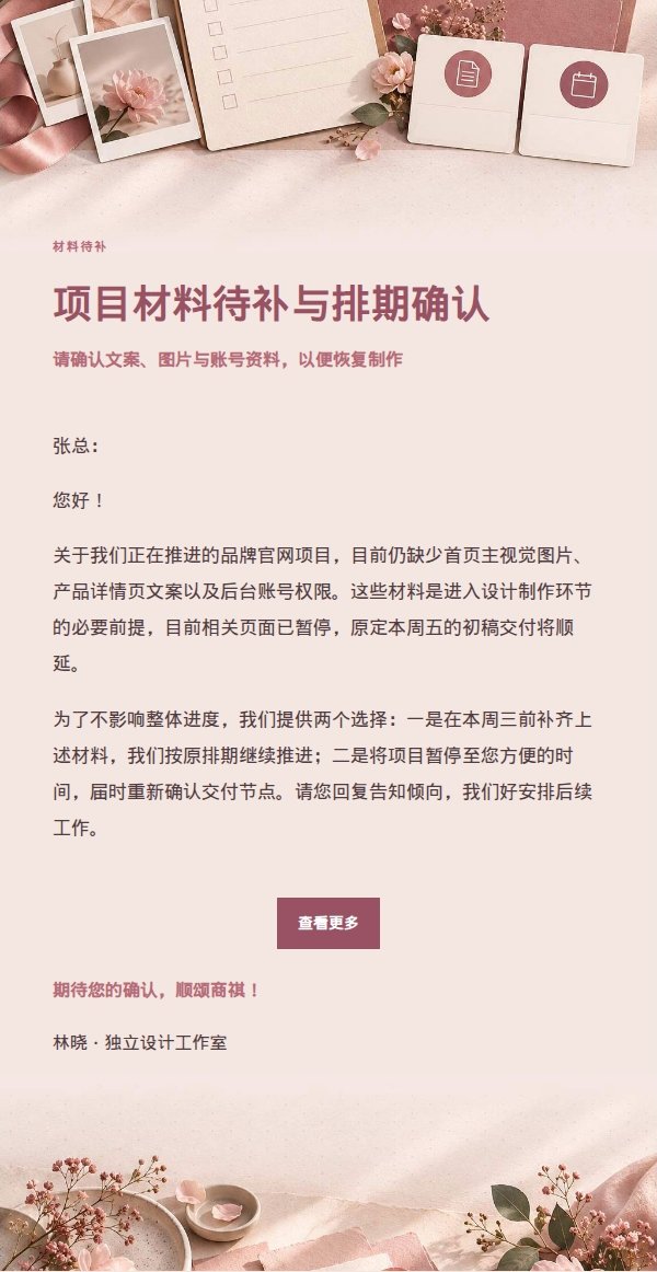玫瑰收据客户材料催办与排期选择邮件