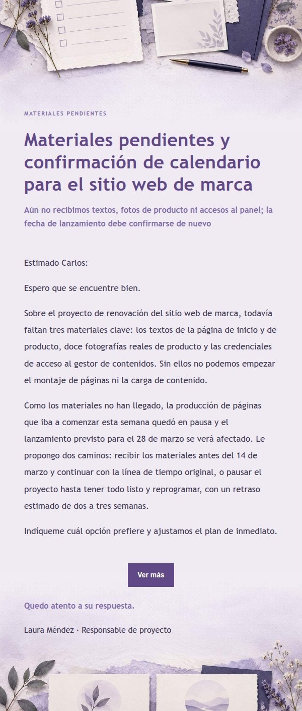Lila Papel: Materiales Pendientes y Opciones de Calendario