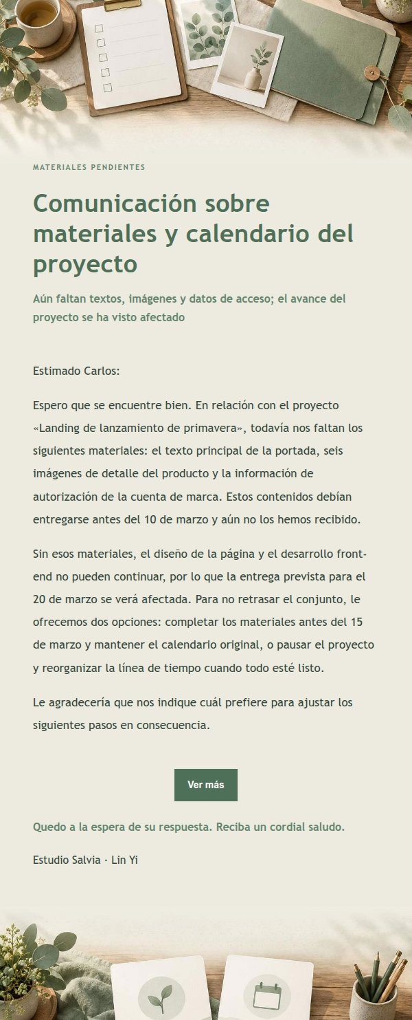 Recordatorio de Materiales Pendientes y Opciones de Calendario
