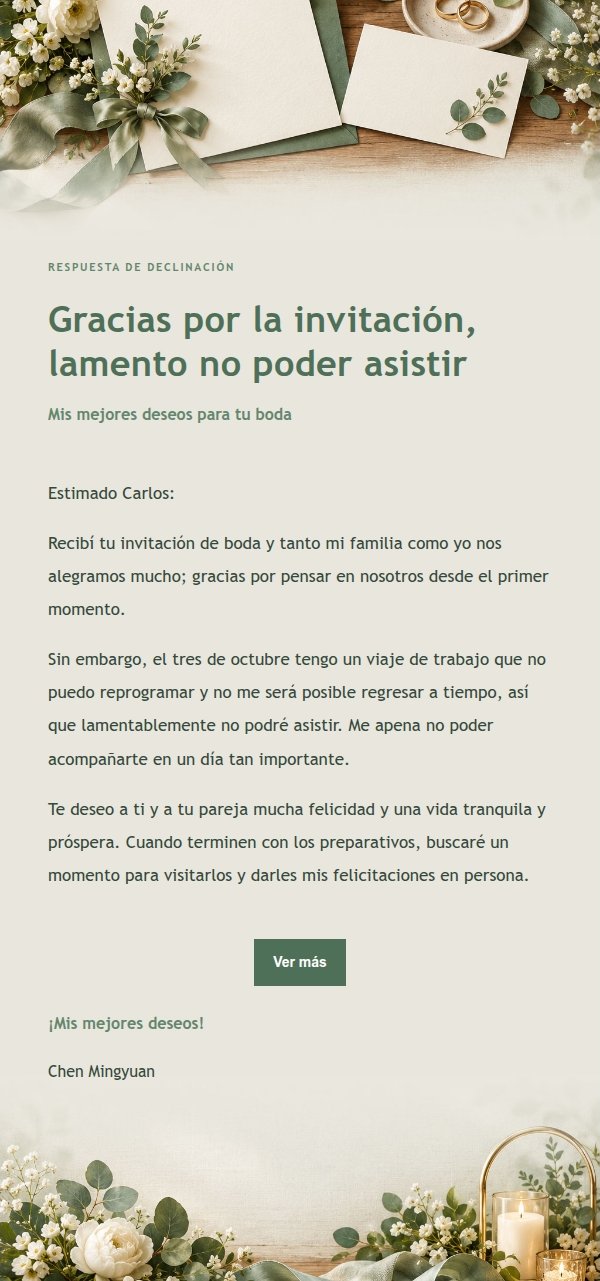 Respuesta Amable para Declinar una Invitación de Boda