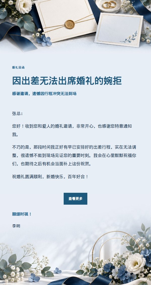 深蓝账本风婉拒婚礼邀请邮件