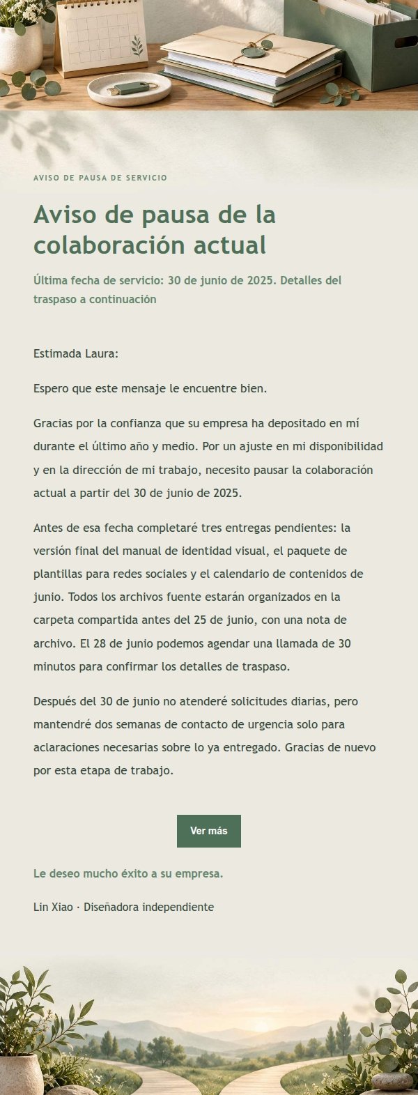 Carta de Pausa o Cierre de Colaboración Estilo Estudio Salvia