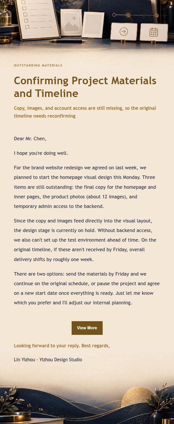 Midnight Gilded Letterhead: Client Materials & Timeline Confirmation