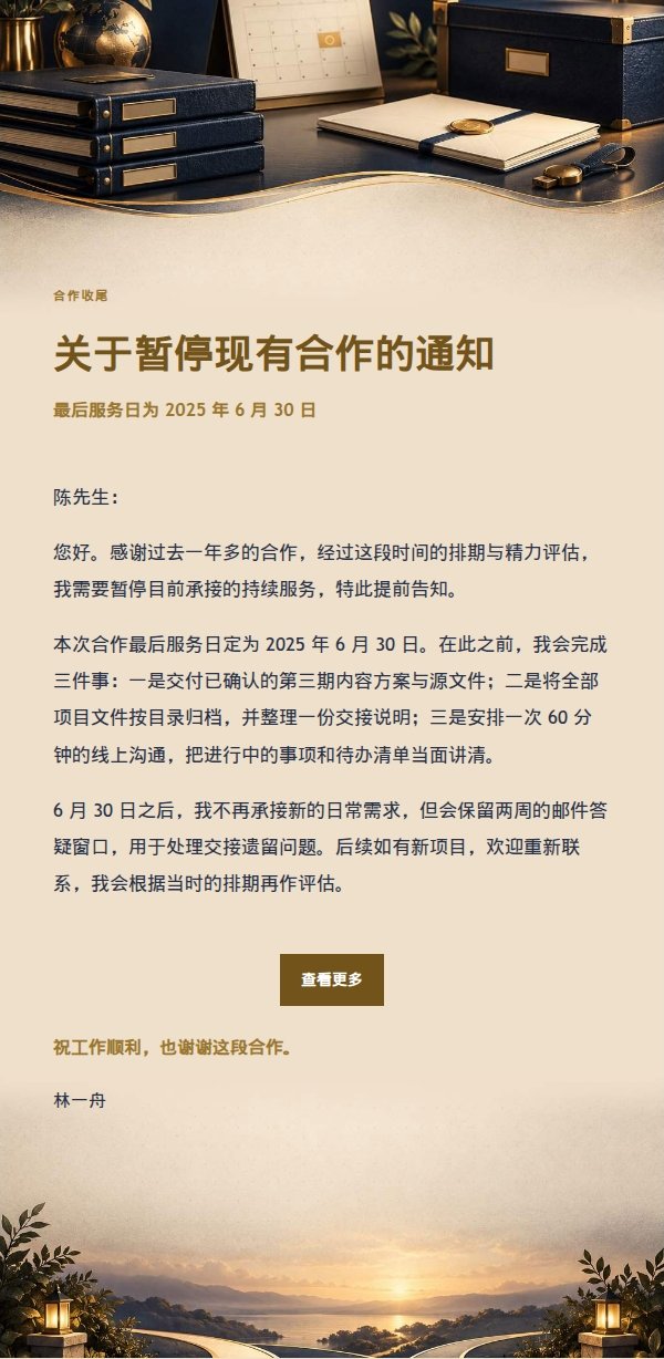 深夜鎏金信笺·合作暂停或结束通知