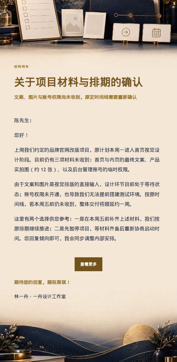 深夜鎏金信笺 · 客户材料与排期确认函