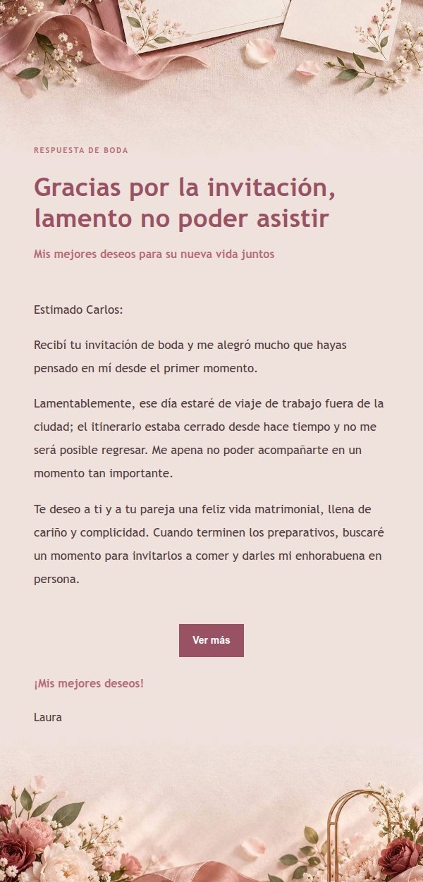 Respuesta Amable para Declinar una Invitación de Boda