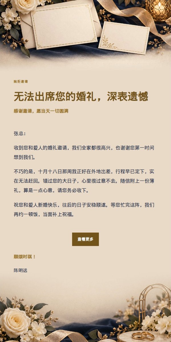 深夜鎏金信笺婉拒婚礼邀请
