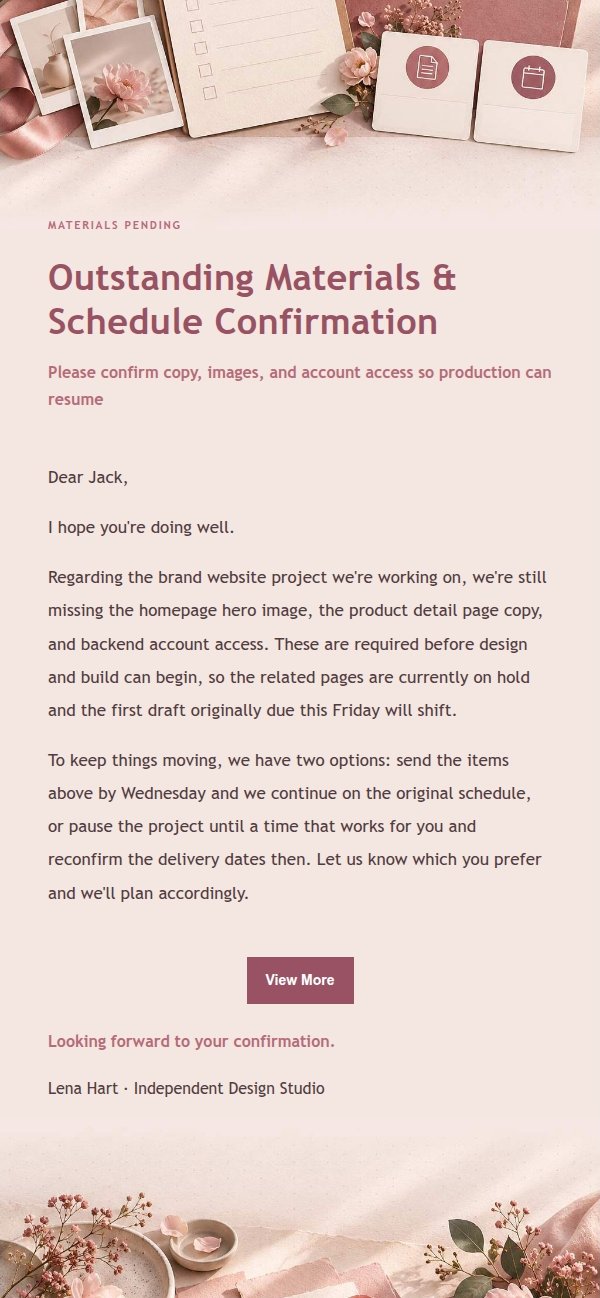 Rose Receipt Client Materials Reminder Email