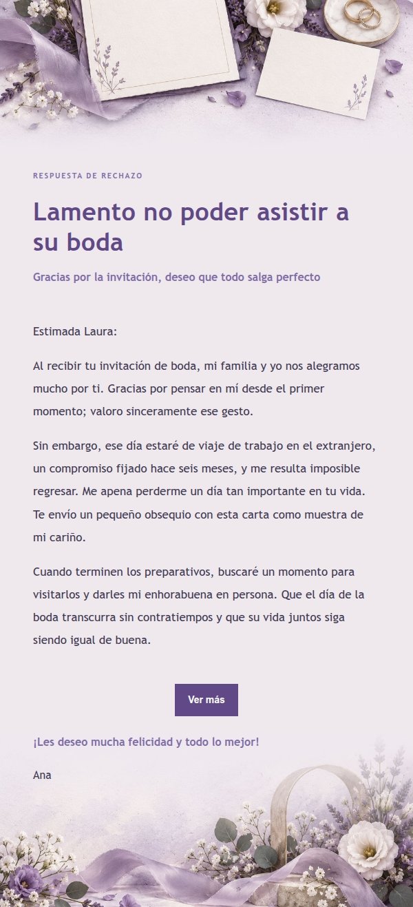Lila Papelería · Rechazo Cortés a Invitación de Boda